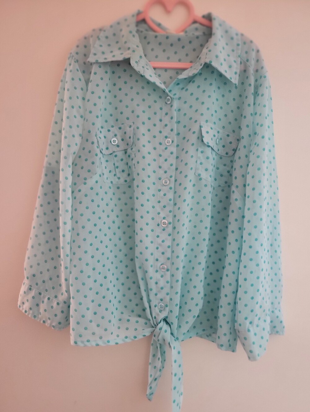 Mint Green Polka Dot Button-Up Tie Front Sheer Blouse